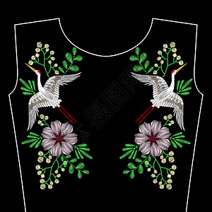 用起重鸟春野花作为领带的刺绣缝纫图片