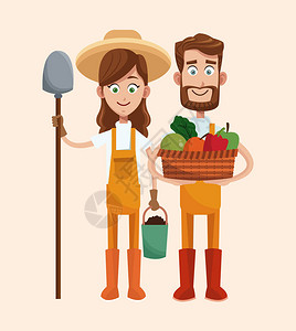 农民夫妇蔬菜篮子铲式图片