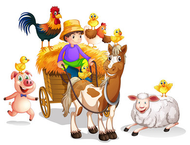 农民和许多农场动物插图图片