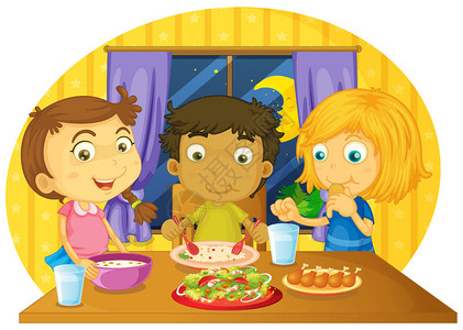 三个孩子在桌子上吃饭的插图图片