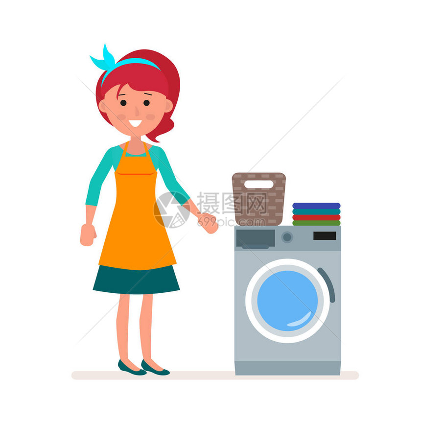女主妇在洗衣机里洗衣服经典的住宿义务孤立在白色背景上的扁平字符图片