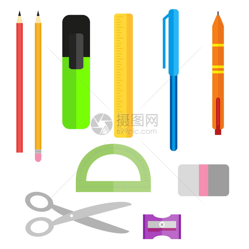 笔铅剪刀和标尺笔式磨利器和橡皮机图片
