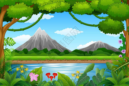 山地和蓝湖的景观背景矢量背景图片