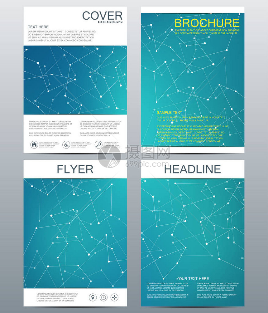 用于A4大小的册子传单封面杂志的业务模板集结构分子DNA和神经元几何抽象背景医学科学技术可图片