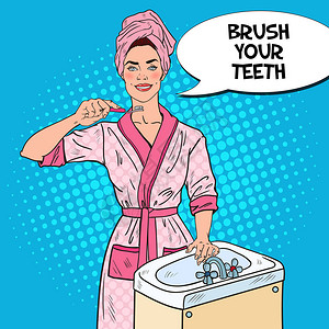 女子浴室刷牙波普艺术微笑的年轻女子在浴室刷牙口腔插画