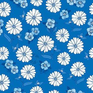 无缝花纹与蓝色背景上的花朵背景图片