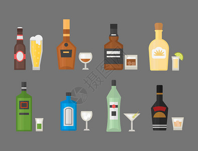 酒精饮料鸡尾酒威士忌饮料瓶啤酒茶点容器和菜单醉概念不同的瓶子和眼镜矢量图餐厅龙舌兰酒朗姆酒背景图片