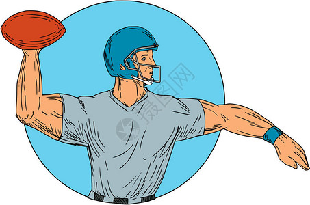 美式橄榄球烤架四分卫球员手臂拉伸投掷球的素描风格插图图片