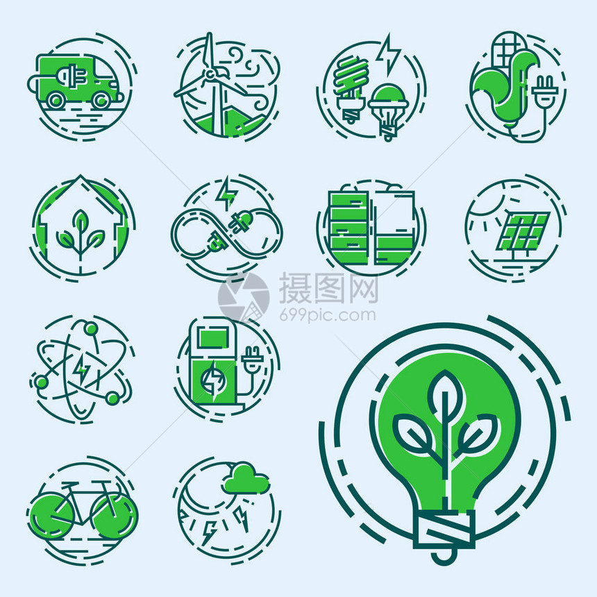绿色生态节能图标和大纲样式格全球生态网络世界环境电源矢量图轻风图片