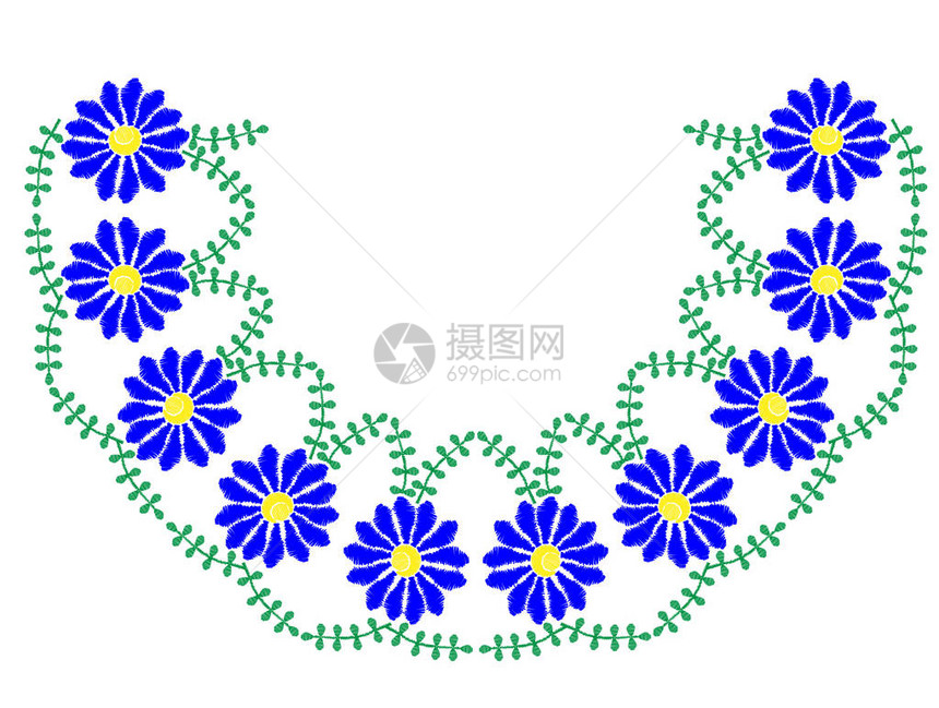 刺绣缝纫用明蓝的花和绿叶仿造框架图片