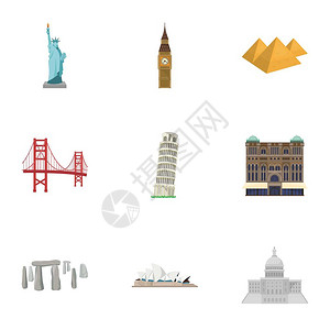 世界各国的景点不同和城市的著名建筑和古迹卡通风格矢量符号股票web插图集合中背景图片