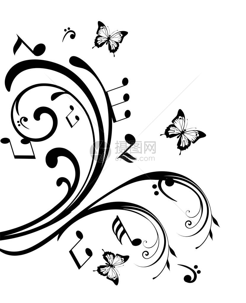 矢量图的漩涡与音符和蝴蝶图片