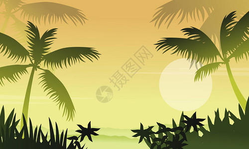 风景丛林与棕榈剪影矢量图图片