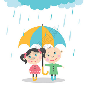 男孩和女孩站在雨伞下的雨图片