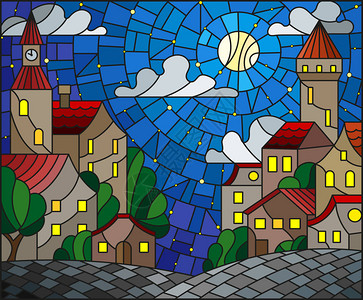 塔川村彩色玻璃风格城市景观屋顶和树木对星空云层插画