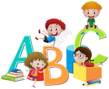 4名儿童和英语字母图片