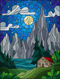 以彩色玻璃风格与一个孤单的房屋在松树森林湖泊山丘和以及月亮和云雾背图片
