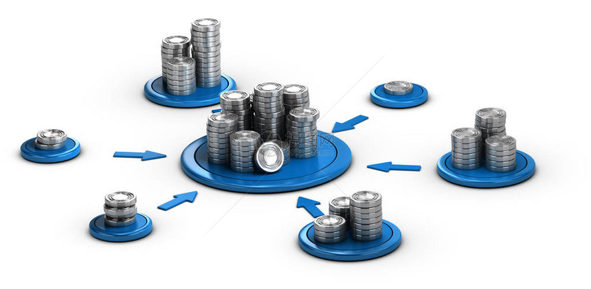 成堆的通用硬币在白色背景与指向最高堆的蓝色箭头货币投资或金融的概念图片