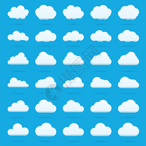 大牌云集云矢量图标在蓝色背景上设置白色用于网络艺术和应用程序设计的天空平面插图集不同的自然cloudscap插画