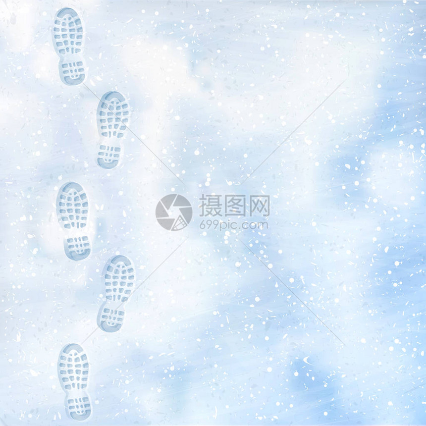 一双靴子的白色冬雪上清晰的深的脚印在雪地里追踪俯视图雪面纹理图片
