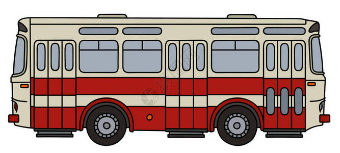 一辆旧红白城市公交车的手绘图背景图片