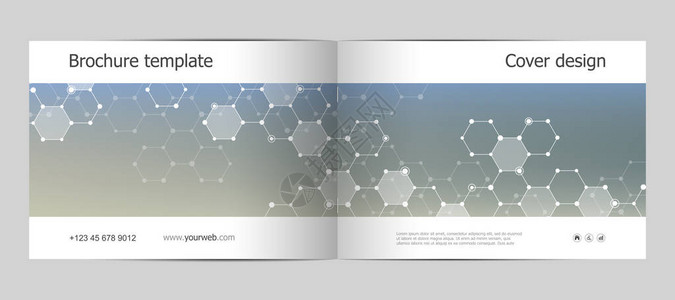 矩形小册子模板布局封面年度报告带有六边形分子结构的A4号A4型杂志背景图片