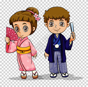 日本男孩和女孩在服装插图图片