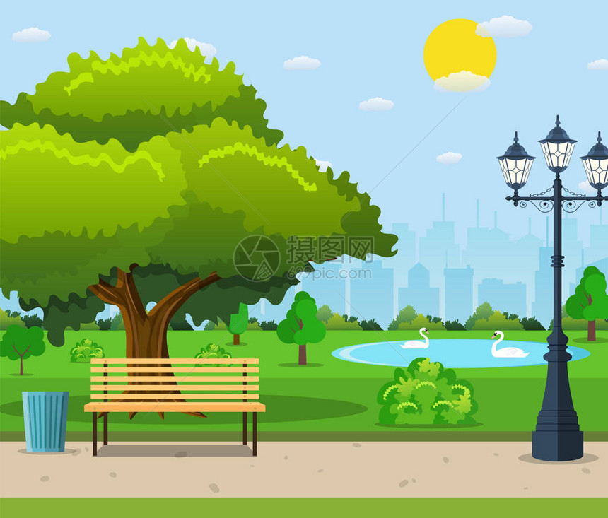 绿色大树和下的城市公园长椅图片