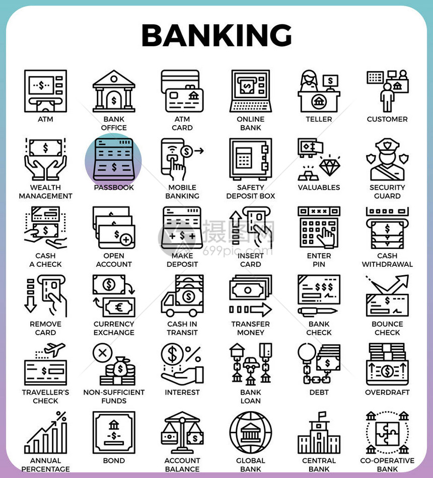 银行概念详细线图标设置为现代线图标样式概念图片