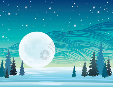 冬夜矢量风景大满月和星蓝天空上森林的轮图片