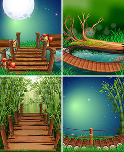 在夜间插图的四个森林场景图片