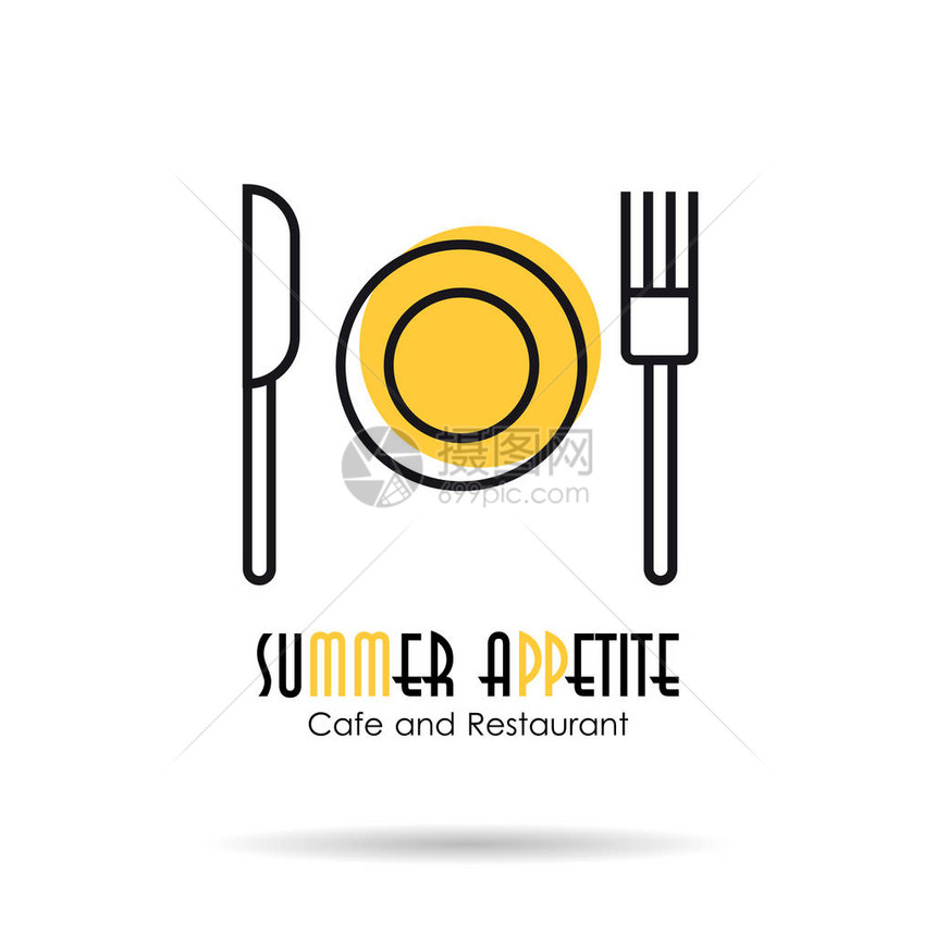 盘子叉子和刀子的矢量线标志插图咖啡厅餐厅或餐厅的概念夏季食欲两个彩色标语在白色图片