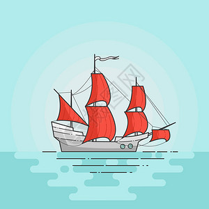 有红色帆的颜色船在海隔绝在白色背景带帆船的旅行横幅平线艺术矢量图旅行旅游旅行社酒店背景图片