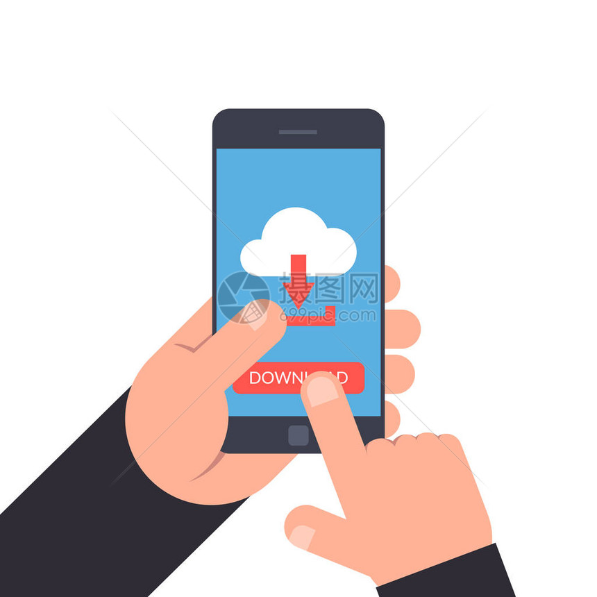 手持和指向智能手机下载或上传按钮用箭头显示的云形图标白色背景中孤图片