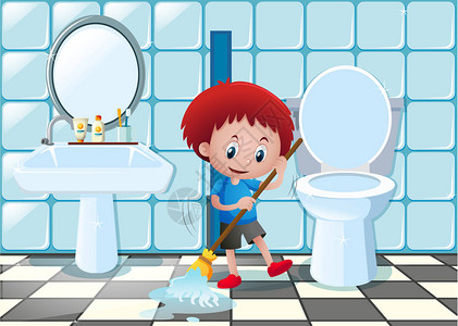 掸灰尘小男孩小男孩打扫厕所地板插图插画