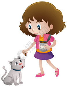 小女孩喂宠物猫插图图片