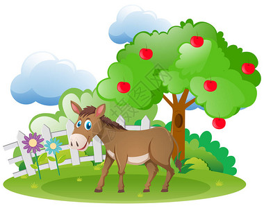 农场插图中的驴和苹果树图片