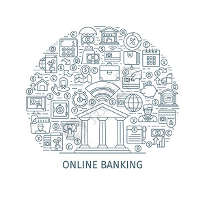 网上银行概念在主题互联网银行在线支付和银行电汇上带有细线图标的设计图片