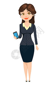 手持智能手机的女商人站立可爱的漫画人物白背景孤图片
