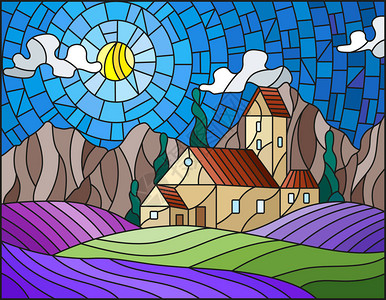 显示有色玻璃风格的风景与孤单的房子在紫衣草田地插画