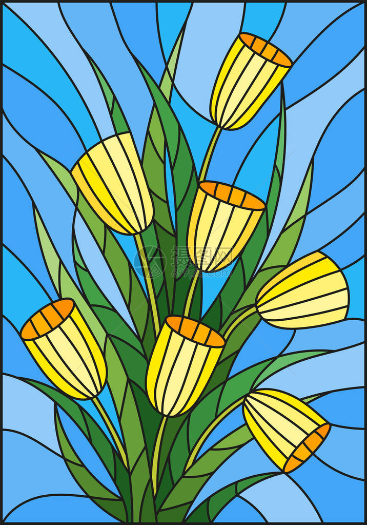 以彩色玻璃风格用蓝色背景的黄色郁金香花束来显示图片