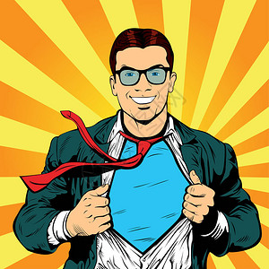 超级英雄男商人流行艺术反向矢量图以漫画风格戴眼镜的强壮商人成功的概图片