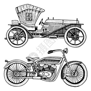 经典汽车机器或发动机和摩托车或摩托车插图雕刻手绘旧素描风图片