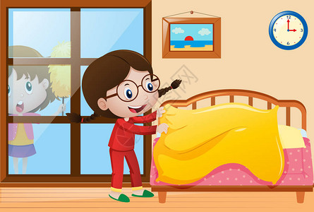 女孩整理床和除尘窗户插图背景图片
