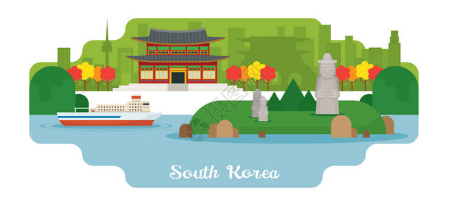 韩国济州岛茶园著名地点城市风景插画