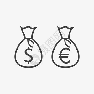 一组钱袋用美元和欧元标注白背景的单色图背景图片