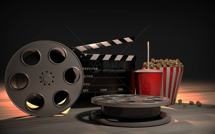 电影业隔板和电影卷轴3D渲染图片