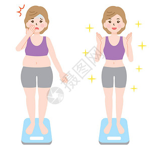 肥胖的肥胖女人和体重秤上健图片