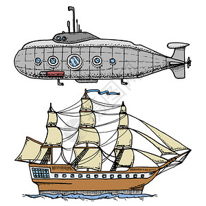 从军用潜艇或带潜望镜的水下船潜入深海游轮或帆船插图雕刻手绘旧素描风图片