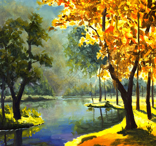 原作油画秋天的金树和岸边的青松树图片